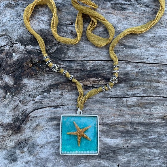 Starfish & Tahitian Pearl Necklace on Ribbon with Sterling Silver Beads - Picture 1 of 6
